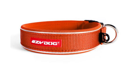 Orange ED Neo Classic XL dog collar made of durable neoprene, featuring reflective piping and a stainless steel D-Ring for safety.