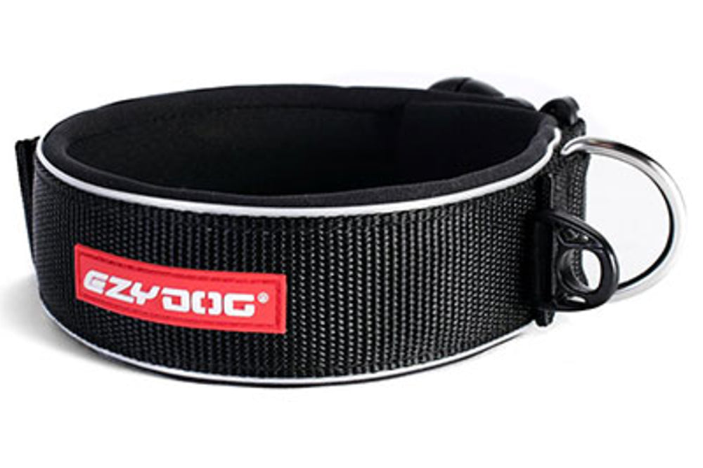 Durable EzyDog Neo Classic Wide Black dog collar with reflective piping, quick-release buckle, and stainless steel D-ring.