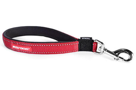 Red EzyDog Neo Mongrel dog lead with soft neoprene handle, heavy-duty snap hook, and reflective stitching for large dogs.