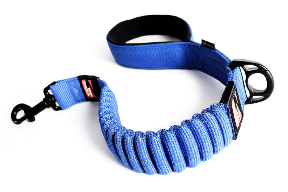 EzyDog Zero Shock Leash: 60cm blue dog lead with shock-absorbing bungee, soft nylon, and reflective trim for safety.