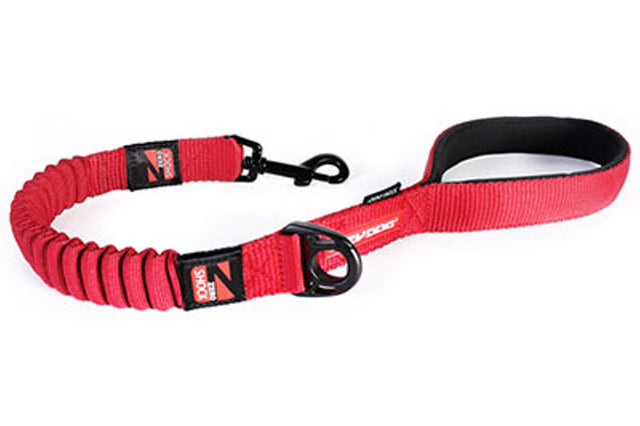 EzyDog Zero Shock 60cm red dog leash featuring bungee technology for shock absorption, comfort handle, and reflective trim.