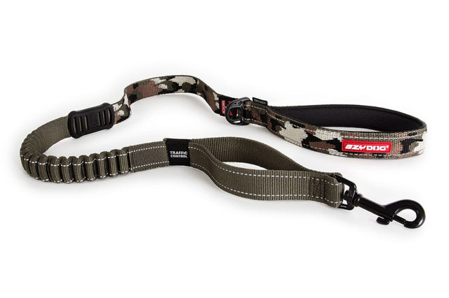 EzyDog Zero Shock dog leash in camo, featuring shock-absorbing technology, soft neoprene handle, and traffic control option.