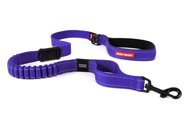 Purple EzyDog Leash Zero Shock 120cm featuring a bungee design, neoprene handle, reflective trim, and Traffic Control handle.