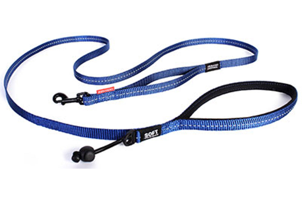 Ezy Dog Soft Trainer Leash Lite in blue, designed for small dogs, featuring soft webbing, reflective trim, and waste bag holder.