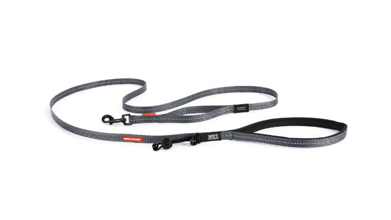 Lightweight grey dog leash with soft neoprene handle, reflective webbing, and traffic control feature for small breeds.