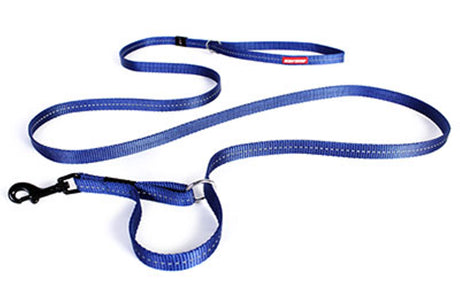 Lightweight blue Ezy Dog Vario Leash Lite for small dogs, easily adjusts from 6 ft to 2 ft with reflective stitching for safety.