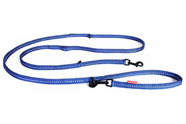 Versatile EzyDog Vario 6 Lite leash in blue, soft webbing for small dogs, reflective stitching, six configurations for every situation.