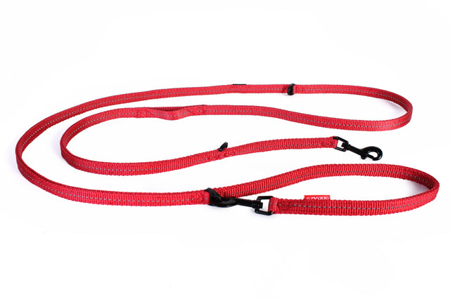 Red EzyDog Vario 6 Lite leash, 12mm wide, multi-functional for small dogs, featuring soft webbing and reflective stitching.