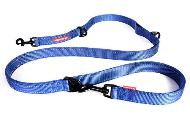 Multi-function EzyDog Vario 6 leash in blue, 25mm x 160cm, with reflective stitching for comfort and visibility.