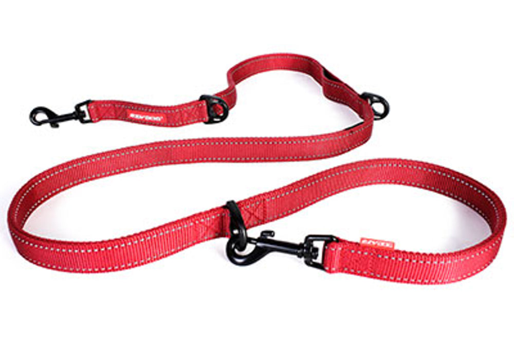 Red EzyDog Leash Vario 6, a versatile 6-in-1 dog lead with soft touch webbing and reflective stitching for safety.