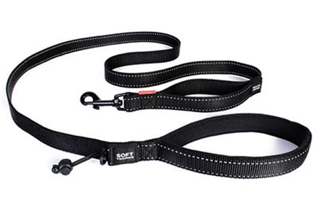 EzyDog Soft Trainer dog leash in black, featuring soft webbing, reflective stitching, and a traffic control handle for safety.