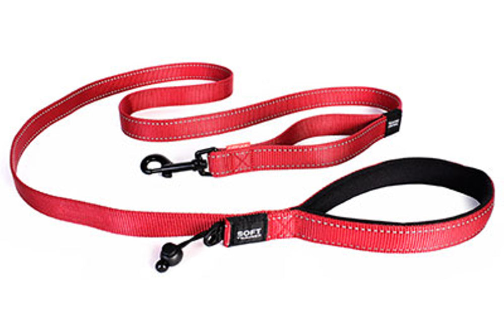 Red Ezy Dog Soft Trainer Leash with neoprene handle, 6 ft long, reflective webbing, and traffic control handle for safe walks.