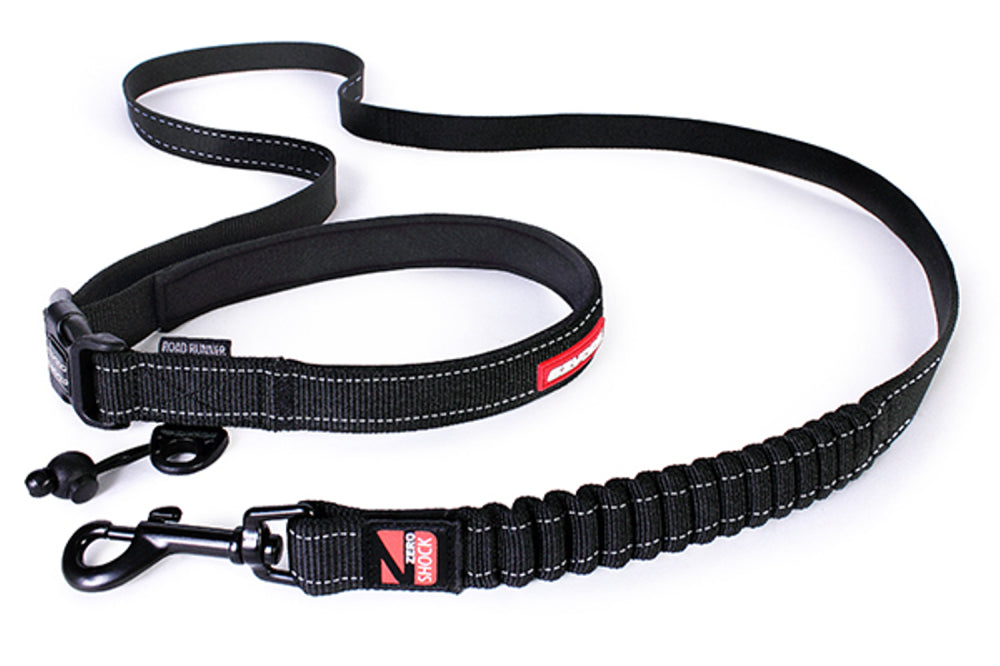 Black EzyDog Road Runner Leash 2.1m, versatile design with Zero Shock Technology, adjustable length, and comfortable neoprene handle.