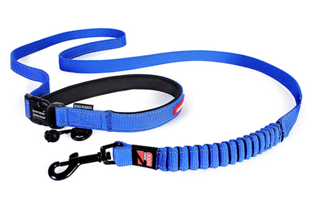 EzyDog Road Runner Leash 2.1m in blue with adjustable length, Zero Shock Technology, and a soft neoprene handle for comfort.