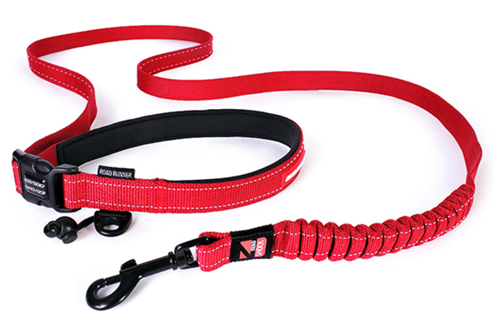 EzyDog Road Runner Dog Lead 2.1m in red with adjustable length, Zero Shock technology, and reflective trim for added safety.