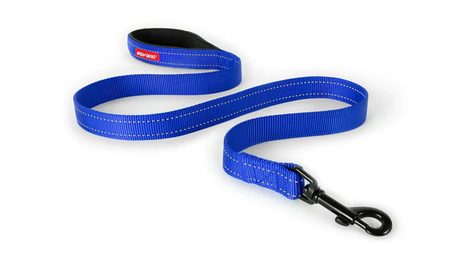 Blue 120cm dog leash with neoprene handle, reflective stitching, and carbon snap clip for safety and comfort.