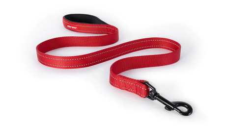 Red 120cm ED Essential Dog Leash featuring soft-touch nylon, reflective stitching, and neoprene handle for comfort and safety.