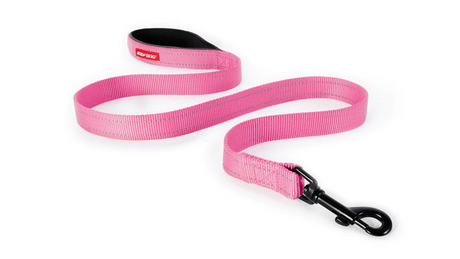 Pink 120cm dog leash featuring soft touch nylon, neoprene handle, reflective stitching, and secure carbon snap clip.