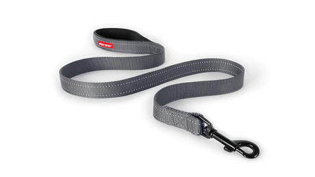 Grey 120cm dog leash with soft touch nylon, neoprene handle, reflective stitching, and durable carbon snap clip for control.