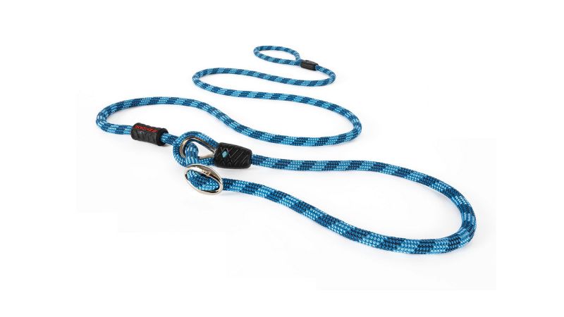 Vibrant blue ED Luca dog leash, 170cm long, durable climbing rope, non-rust slider and silicone stopper for comfortable control.