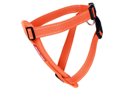 EzyDog Chest Plate Harness in vibrant orange, ergonomic EVA foam for comfort, adjustable fit, reflective for safety, includes car restraint.