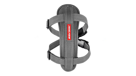 EzyDog Grey Harness for small dogs, featuring ergonomic design, EVA chest plate, and reflective stitching for safety.