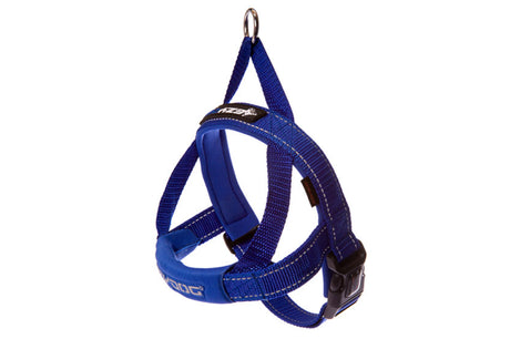 EzyDog Quick Fit Harness in XS Blue, designed for small dogs, featuring a one-click buckle and reflective stitching for safety.