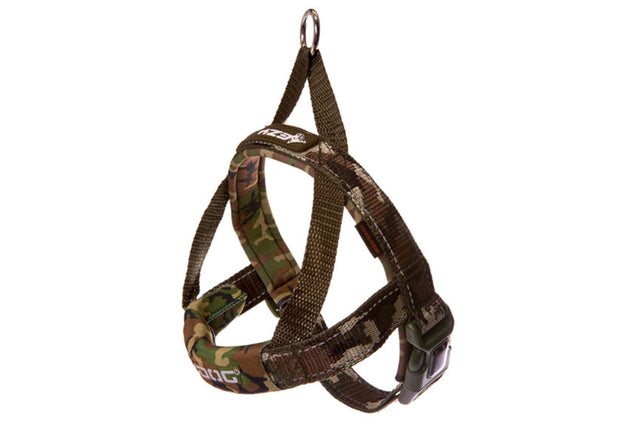 EzyDog Quick Fit Harness in Camo for small dogs, featuring one-click buckle, neoprene for comfort, and reflective stitching.