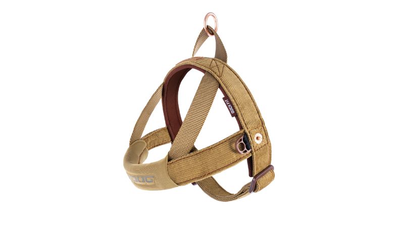 Stylish corduroy dog harness with Quick Fit System, adjustable for XL breeds, featuring stainless steel hardware and comfort sleeve.