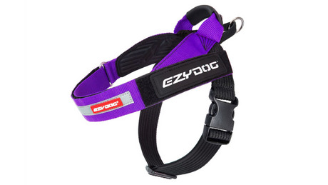 Purple ED Express XL Dog Harness with EVA pads, reflective trim, and grab handle for comfort and safety in outdoor activities.