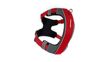 Red ED X-Link Small Dog Harness with front/rear leash clips, ergonomic design, elastic girth, and reflective piping for safety.