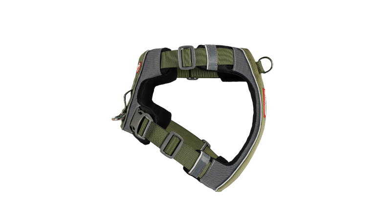 ED X-Link Small Dog Harness in khaki, designed for small dogs with front and rear clips, ergonomic fit, and reflective safety features.