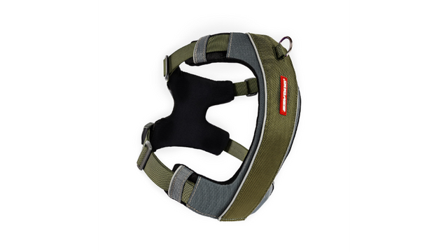 Khaki ED X-Link Small Dog Harness featuring dual leash attachment points, ergonomic design, and reflective piping for safety.