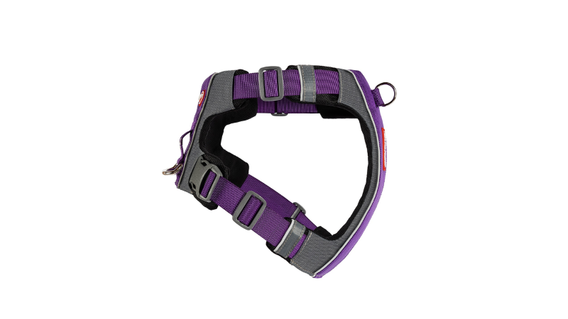 Purple ED X-Link Small Dog Harness with front and rear clip, ergonomic design, and reflective safety features for training and walks.