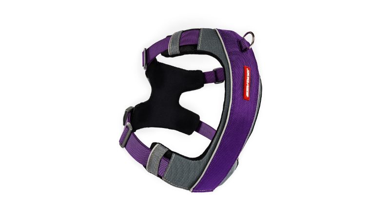 Purple ED X-Link Small Dog Harness with front and rear clips, ergonomic design, reflective piping, and adjustable fit for comfort.