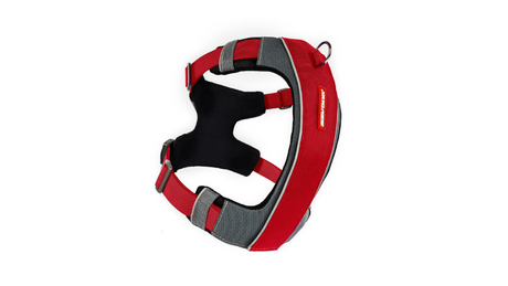 Vibrant red ED X-Link Medium Dog Harness with front and rear clips, ergonomic design, and reflective safety features.