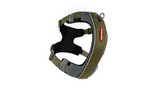 Khaki dog harness with front and rear clips, elastic girth strap, reflective piping, designed for comfort and control.