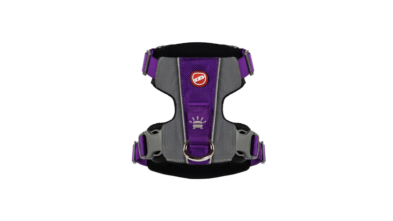 Purple ED X-Link Medium Dog Harness with front/rear leash attachments, ergonomic design, and reflective safety features.