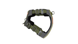 Khaki dog harness with front and rear leash clips, ergonomic design, reflective piping, and elastic girth for comfort.