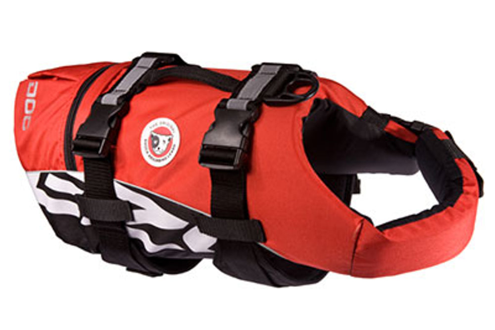 Red dog life jacket for small breeds, lightweight, buoyant, with grab handle and D-ring for safety during water adventures.