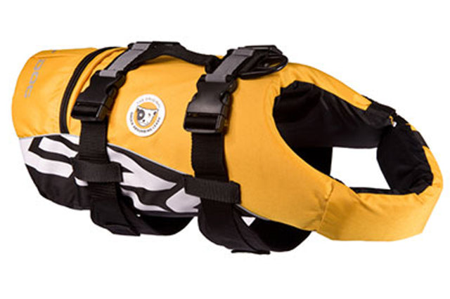 Yellow dog life jacket for small dogs, featuring a grab handle and D-ring, ideal for safe water activities.