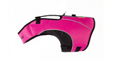 Stylish pink dog collar designed for comfort and safety, featuring reflective piping and a neoprene grab handle.