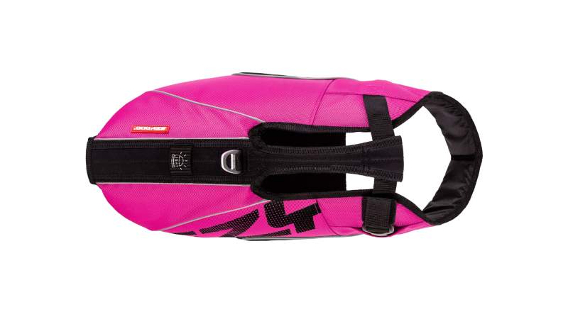 Pink dog life jacket with ergonomic fit, durable nylon, neoprene handle, and reflective piping for safety in water activities.