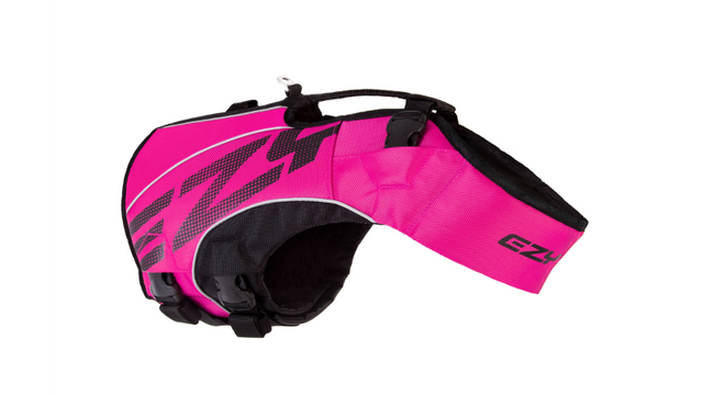 Pink dog life jacket for small breeds, featuring ergonomic fit, durable nylon, neoprene handle, and reflective safety details.