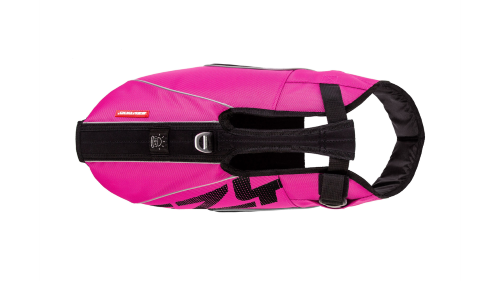 Stylish pink dog collar with ergonomic fit, reflective piping, and a neoprene grab handle for safety and comfort.