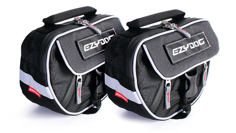 Convert Saddle Bags for EzyDog harness, featuring waterproof zips, reflective trim, and spacious compartments for outdoor adventures.