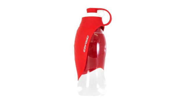 Portable red dog water bottle with 600mL capacity, leakproof design, BPA-free, and hands-free attachment for outdoor hydration.