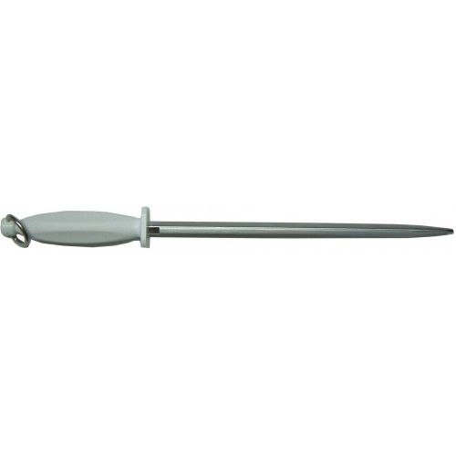 Dual cut 12" butchers steel with stainless blade and white handle, perfect for honing kitchen knives with safety guard.