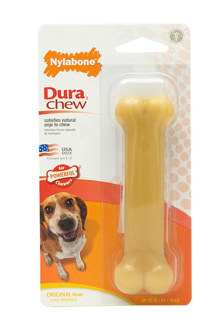 Durable nylon chew toy for dogs, chicken-flavored, ideal for aggressive chewers, promotes dental health and reduces boredom.