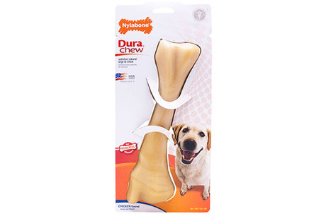 Nylabone Durachew Chicken dog toy, durable chew bone for healthy chewing, infused with chicken flavor, promotes dental health.